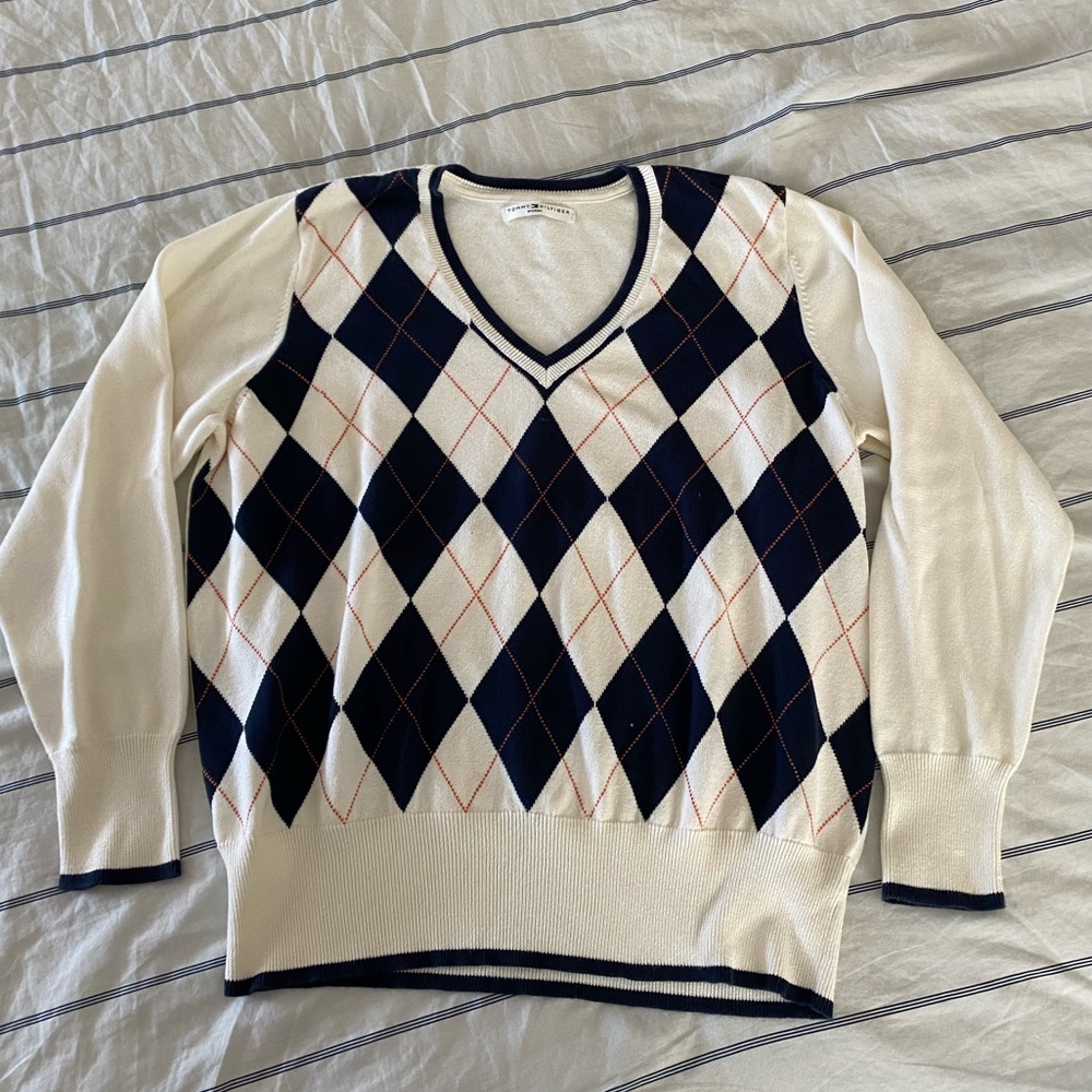 Gold threaded argyle sweater navy and cream
